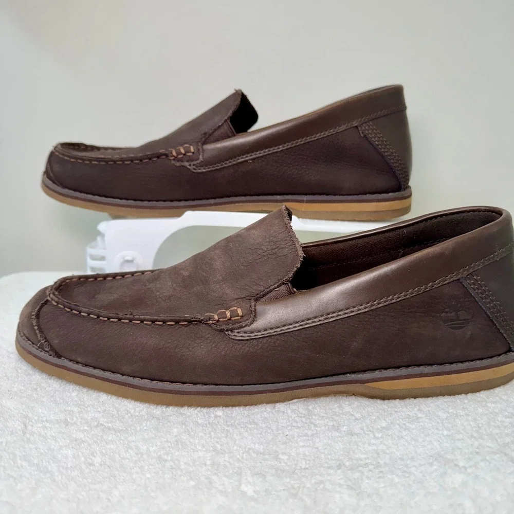Timberland Men Dark Brown Leather Slip On Loafer Shoes‎ Size 10